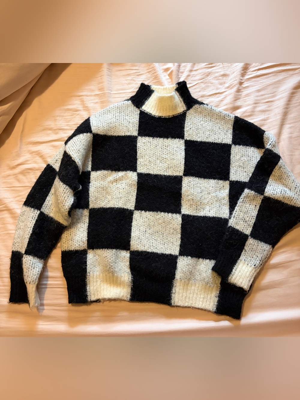 Women's Black & White Checkerboard Turtleneck Sweater